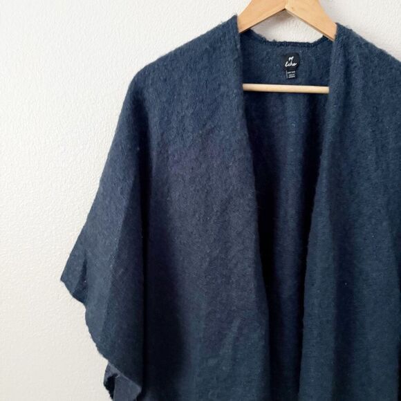 ECHO | Fringe Hem Fringed Bloucle 'Ruana' Navy Blue Fuzzy Wrap Poncho | OSFM - Picture 2 of 6